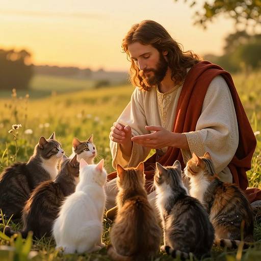 Man in Traditional Robes Feeding Cats in Sunset Field