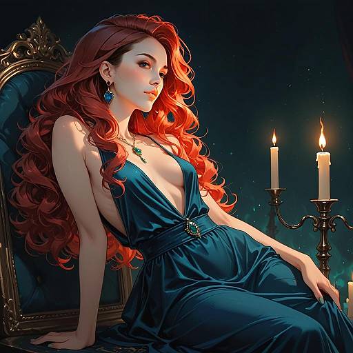 Elegant Red-Haired Woman in Blue Gown with Candlelight - Digital Fantasy Illustration
