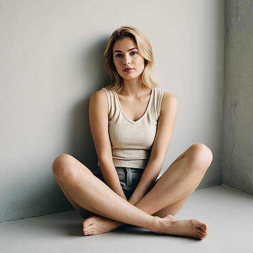Blonde Woman Sitting Cross-Legged in Minimalist Interior
