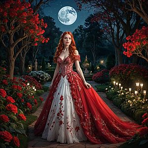 Woman with Red Hair in Garden Under Full Moon