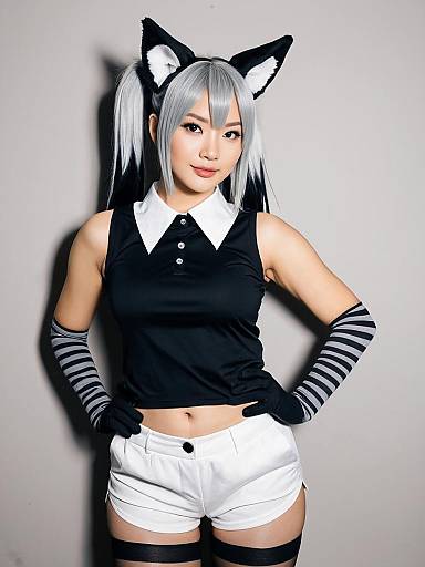 Aardwolf Kemono Friends Cosplay Woman in Black and White Costume with Animal Ears