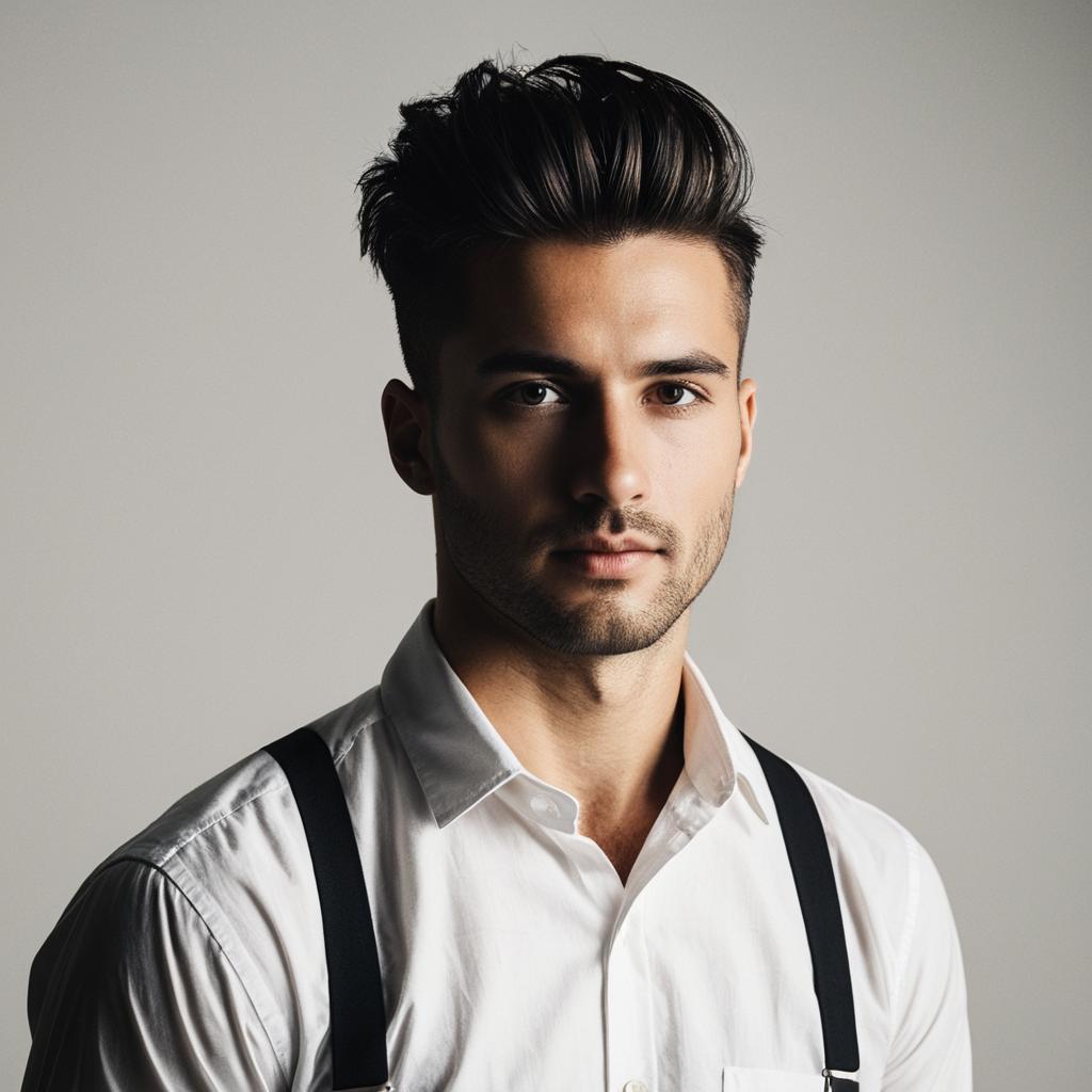 Stylish Young Man in White Shirt and Black Suspenders