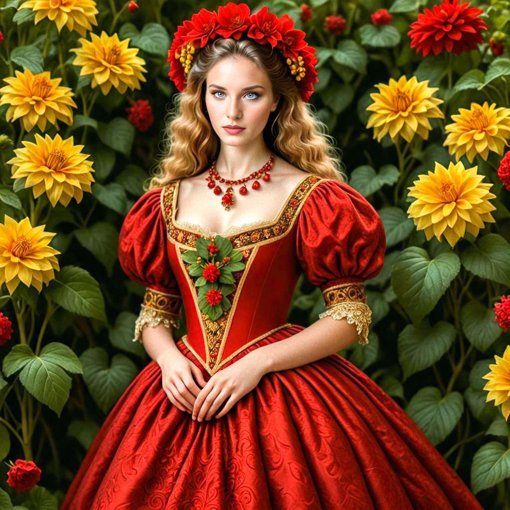 Elegant Woman in Red Gown with Floral Patterns