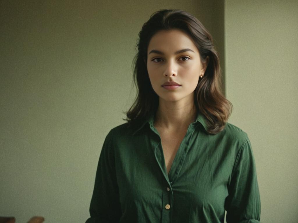 Elegant Woman in Dark Green Shirt