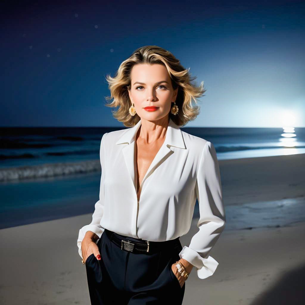 Glamorous Woman on Beach at Dusk