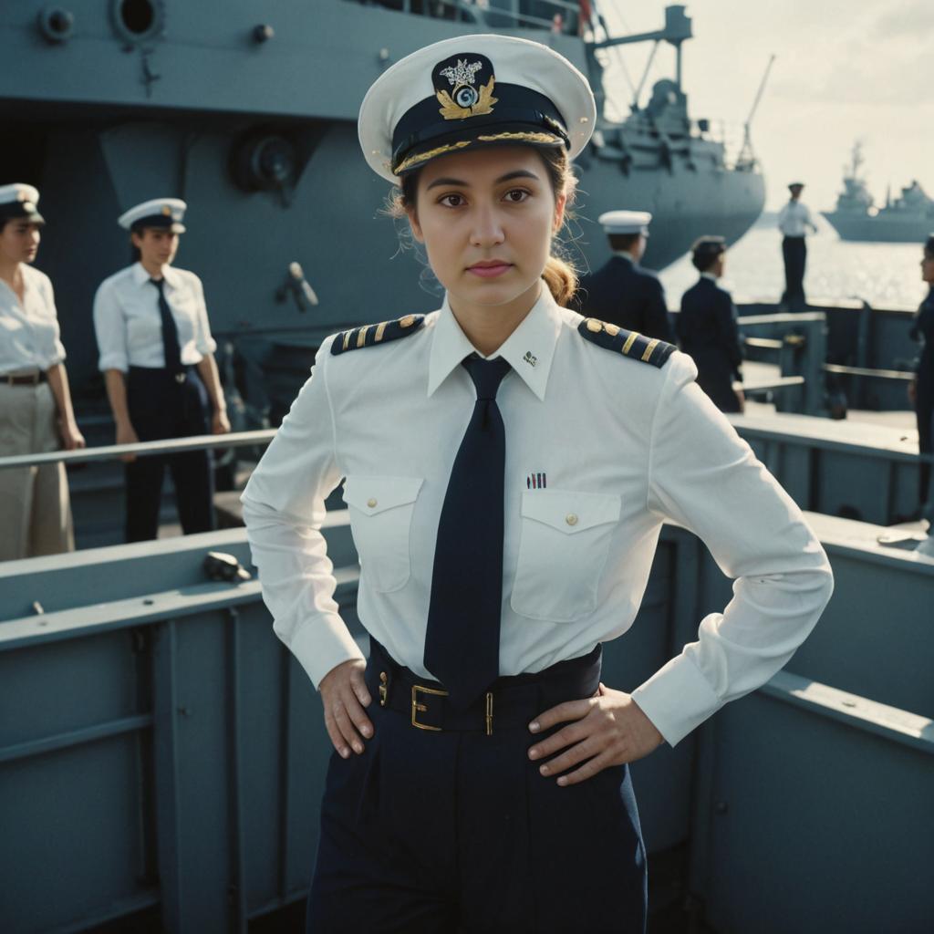 Confident Woman in Naval Uniform on Ship Deck