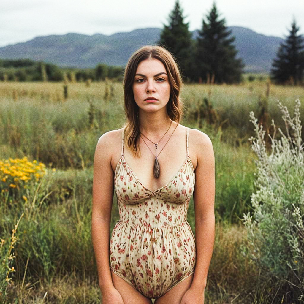 Woman in Floral Swimsuit in Natural Landscape