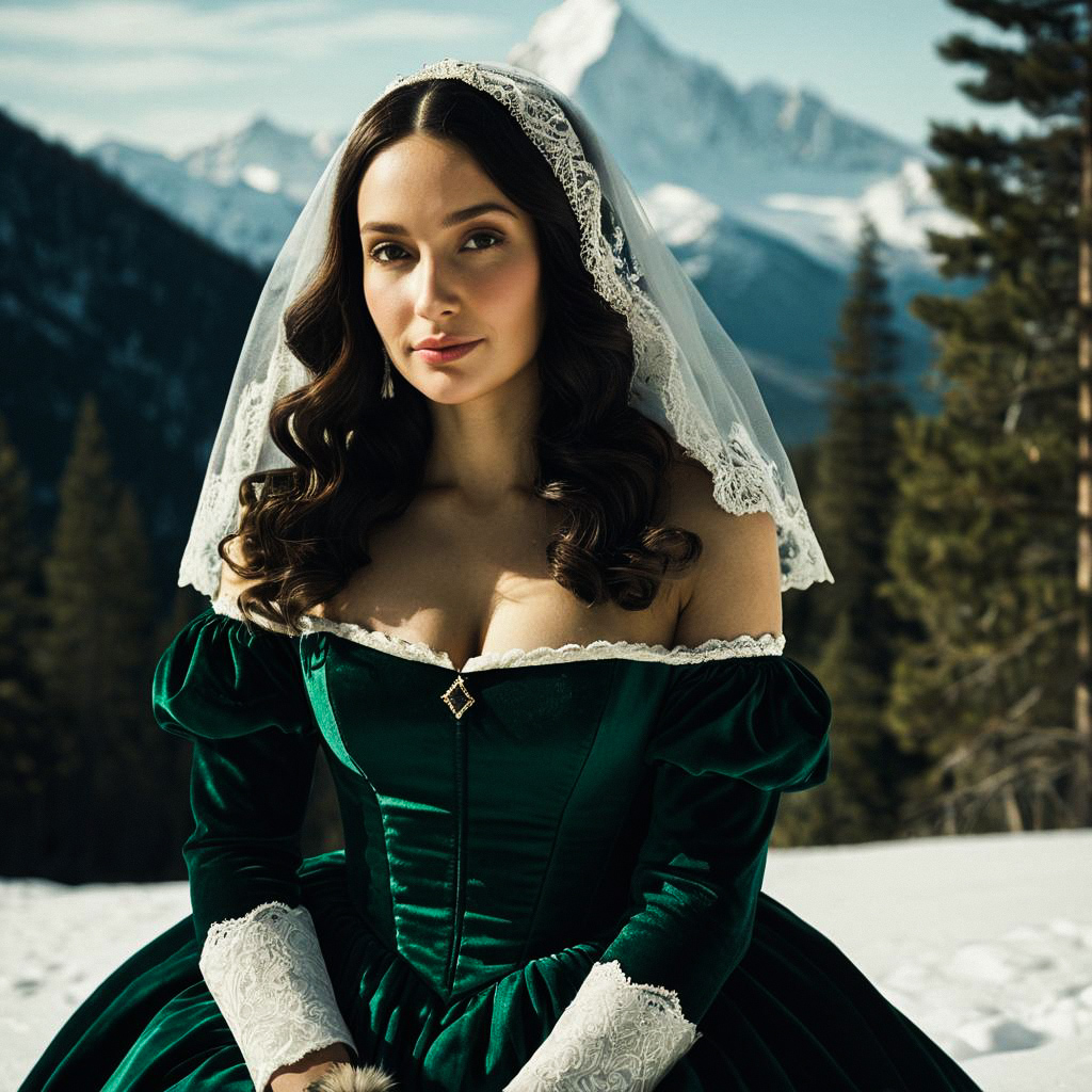 Elegant Woman in Green Vintage Gown in Snowy Mountains Elegant Woman in Green Vintage Gown in Snowy Mountains