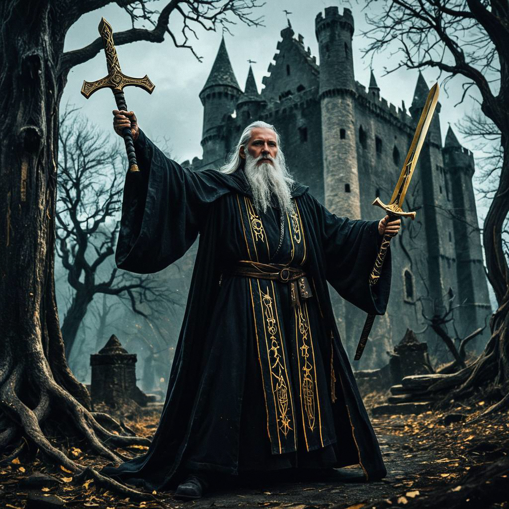 Elderly Wizard with Sword and Staff at Castle Elderly Wizard with Sword and Staff at Castle