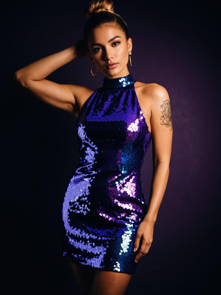 Woman Wearing Vibrant Purple and Blue Sequined Mini Dress Party Ready