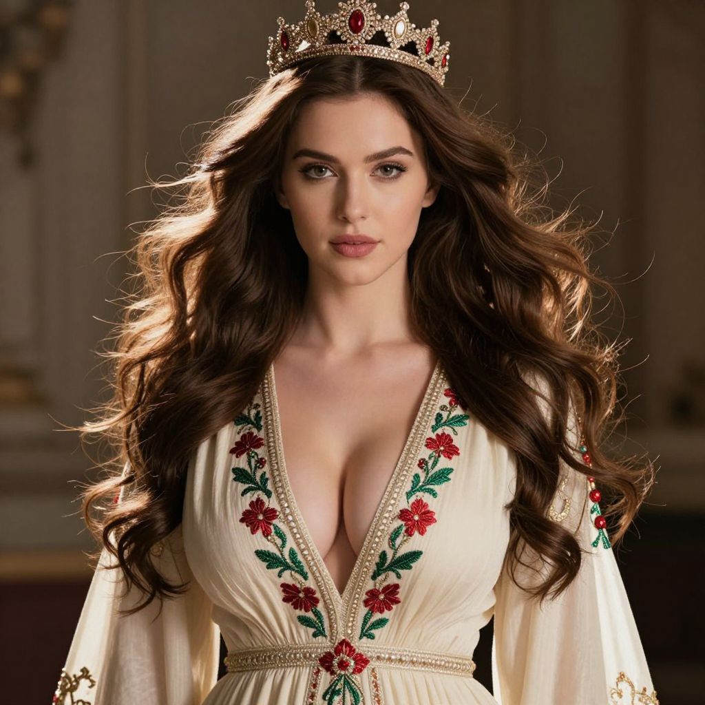 Regal Woman Wearing Ornate Crown and Embroidered Cream Gown