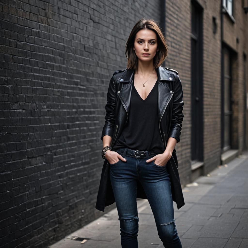 Stylish individual in London with leather jacket and skinny jeans