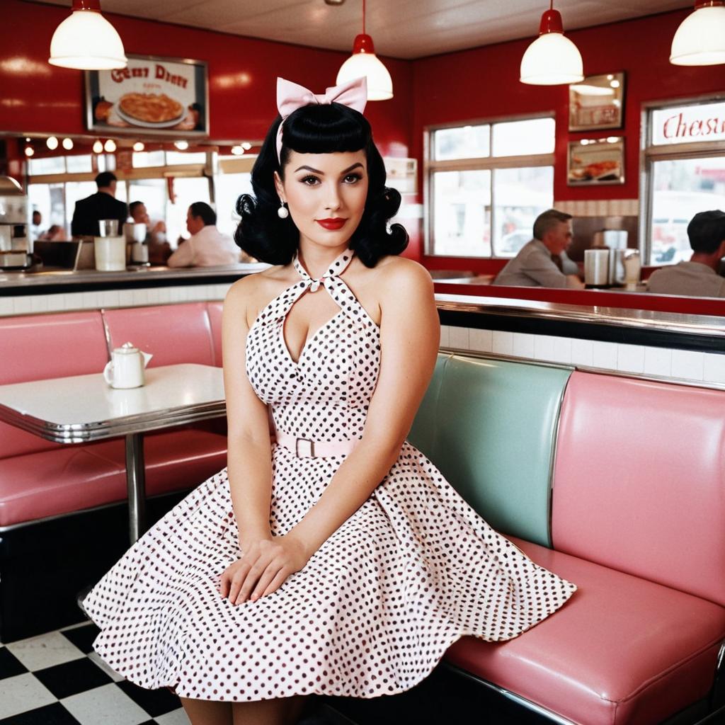 Vintage 1950s Woman in Polka Dot Dress Sitting in Retro Diner