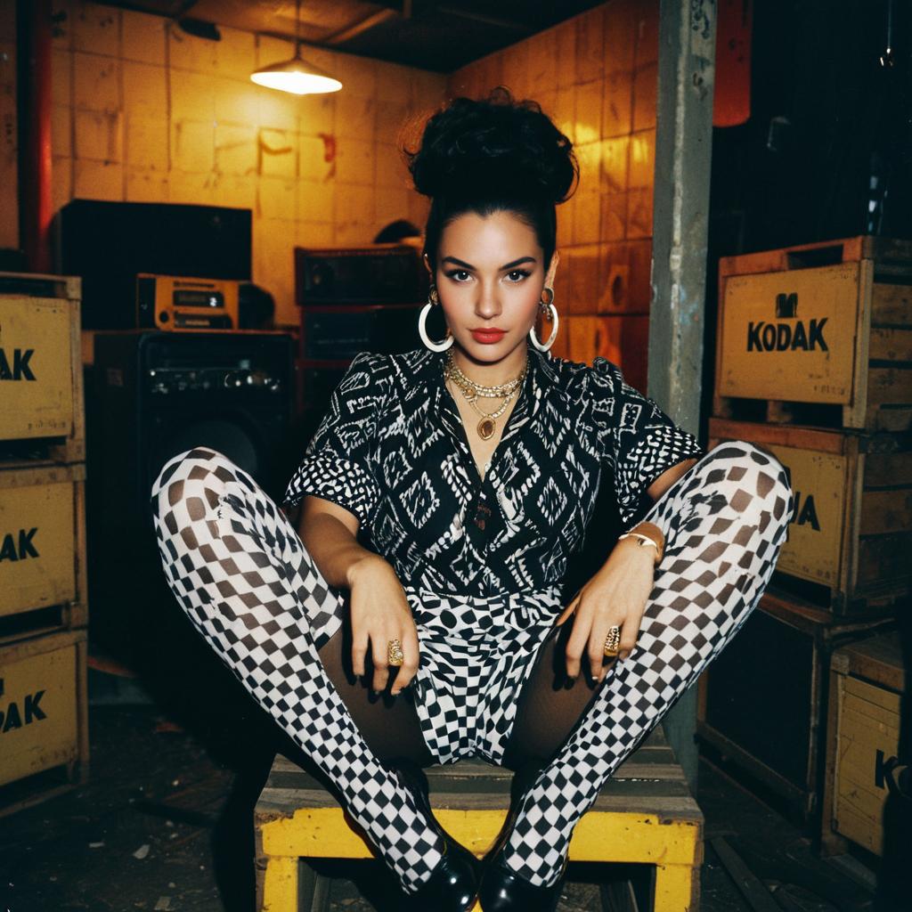 Bold Woman in Checkerboard Fashion Outfit Posed in Industrial Kodak Setting