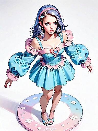 Realistic Comic Style Illustration of Woman in Blue Dress with Pink Ruffles