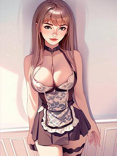 Anime Style Illustration of Young Woman in Modern Maid Outfit
