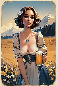 Digital Art Woman in Bavarian Dirndl with Beer in Mountain Meadow