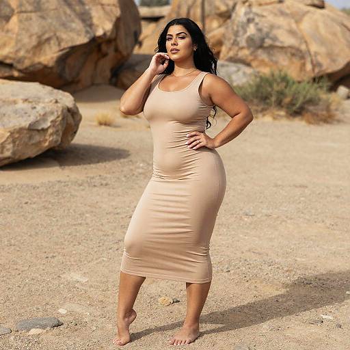 Confident Woman in Beige Dress Posing Barefoot in Desert Landscape