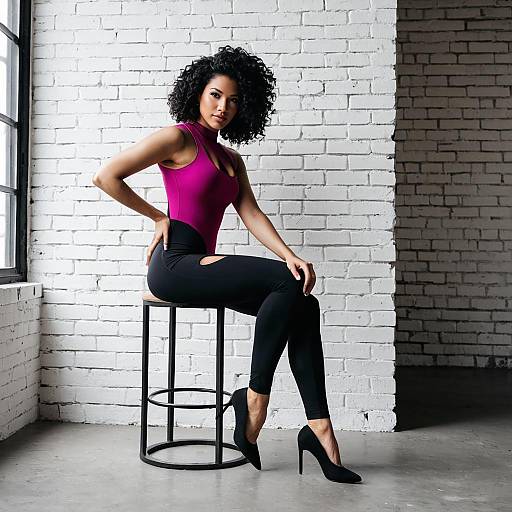 Confident Woman in Stylish Athletic Outfit Posing on Stool Against White Brick Wall