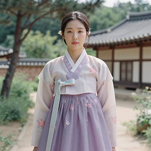 Young Woman in Traditional Korean Hanbok with Floral Patterns Outdoors