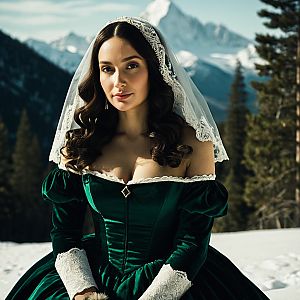 Elegant Woman in Green Vintage Gown in Snowy Mountains