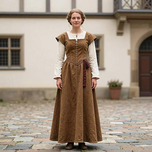 Medieval German Clothes Woman in Authentic Medieval Dress Standing Outdoors