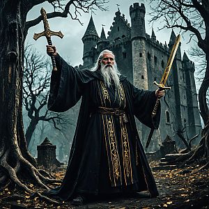 Elderly Wizard with Sword and Staff at Castle