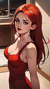 Red-Haired Woman in Elegant Dress Anime Style Digital Art