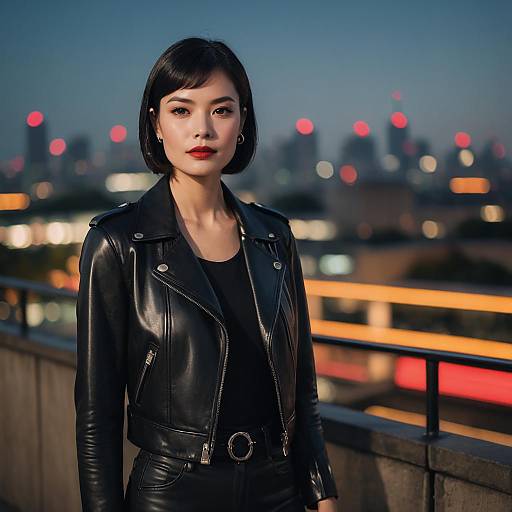 Stylish Young Woman in Black Leather Jacket on Urban Rooftop at Dusk