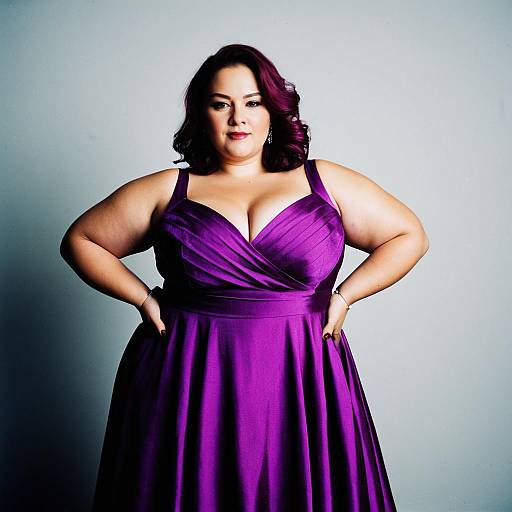 Plus Size Woman in Elegant Purple Dress Posing Confidently