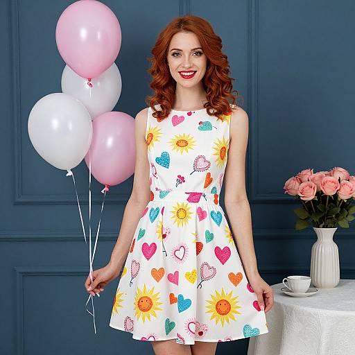 Red-Haired Woman in Colorful Summer Dress Holding Balloons Indoors