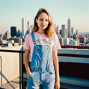 Young Woman on Rooftop Terrace at Golden Hour