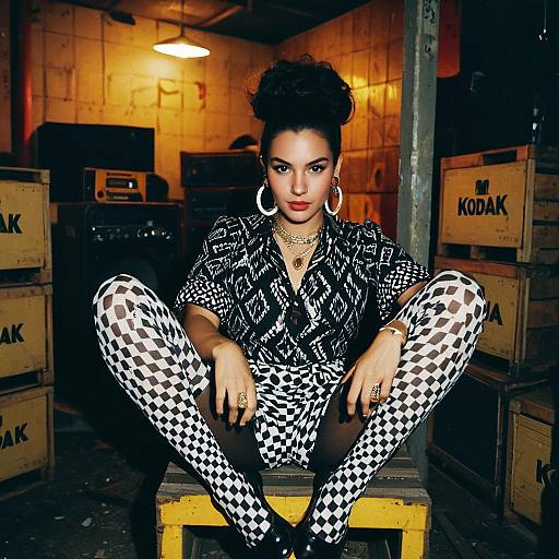 Bold Woman in Checkerboard Fashion Outfit Posed in Industrial Kodak Setting