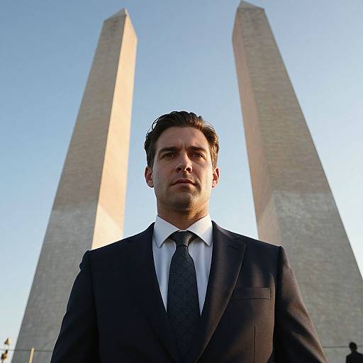 Confident Man in Suit Standing Between Tall Monuments