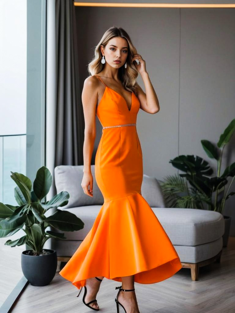 Elegant Woman in Orange Mermaid Gown