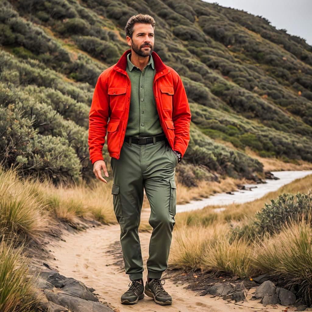 Man Walking on Nature Trail in Red Jacket and Olive Cargo Pants