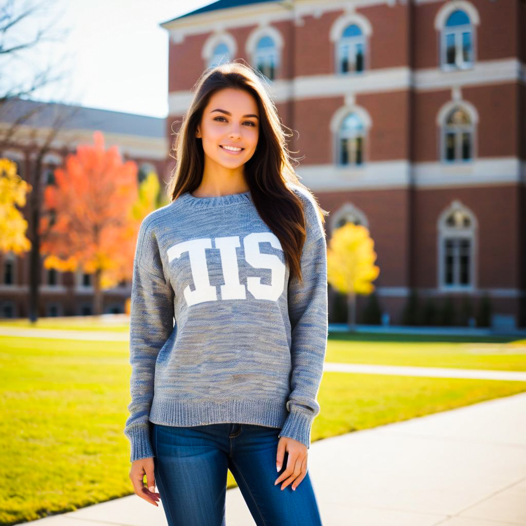 Young Woman in Gray Sweater Against Autumn Backdrop