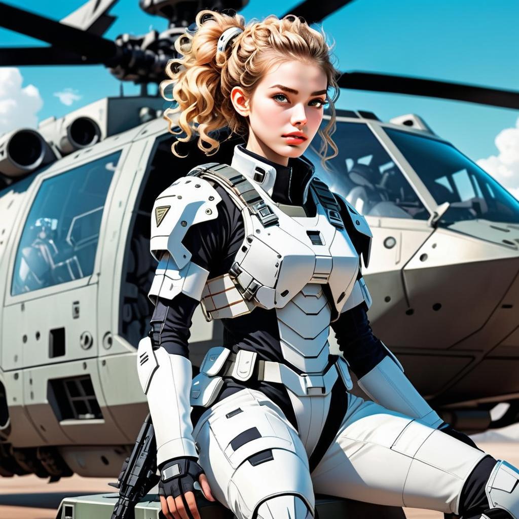 Confident Woman in Futuristic Tactical Armor by Helicopter Confident Woman in Futuristic Tactical Armor by Helicopter