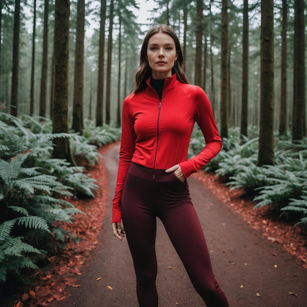 Woman in Red Jacket Standing on Forest Trail