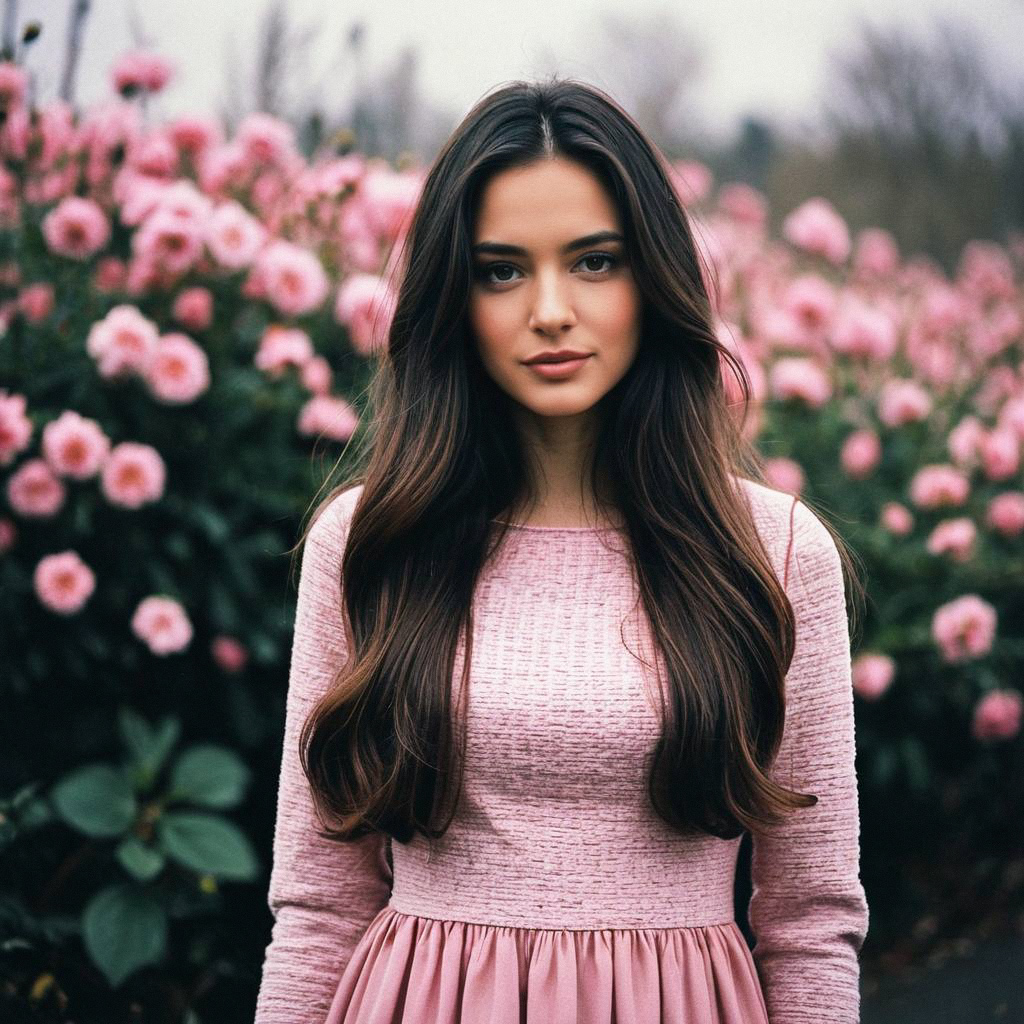 Young Woman in Light Pink Dress Among Blooming Flowers Young Woman in Light Pink Dress Among Blooming Flowers