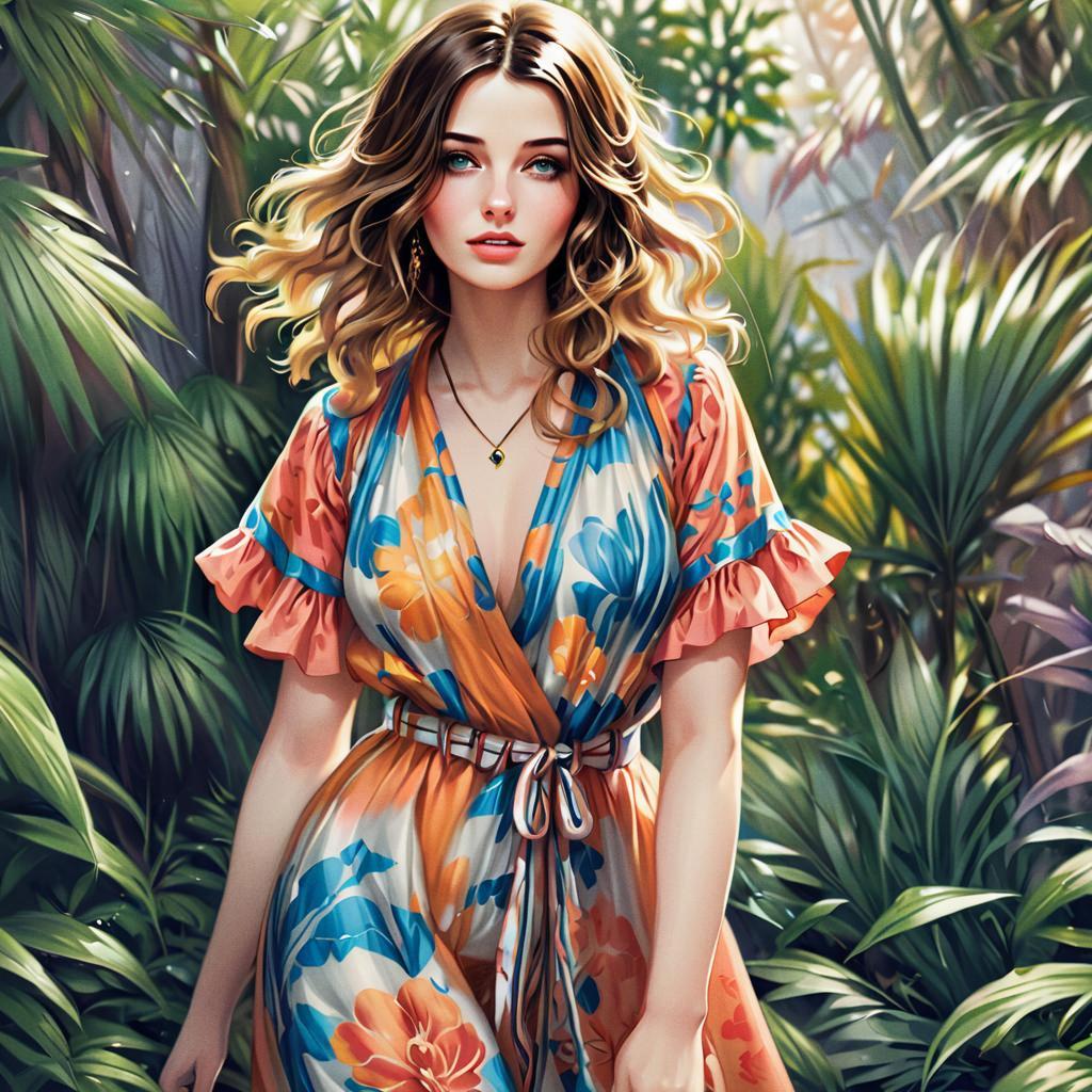 Young Woman in Floral Dress Amid Tropical Foliage Young Woman in Floral Dress Amid Tropical Foliage