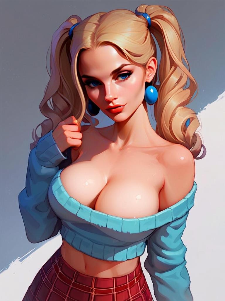 Blonde Woman in Blue Sweater with Pigtails