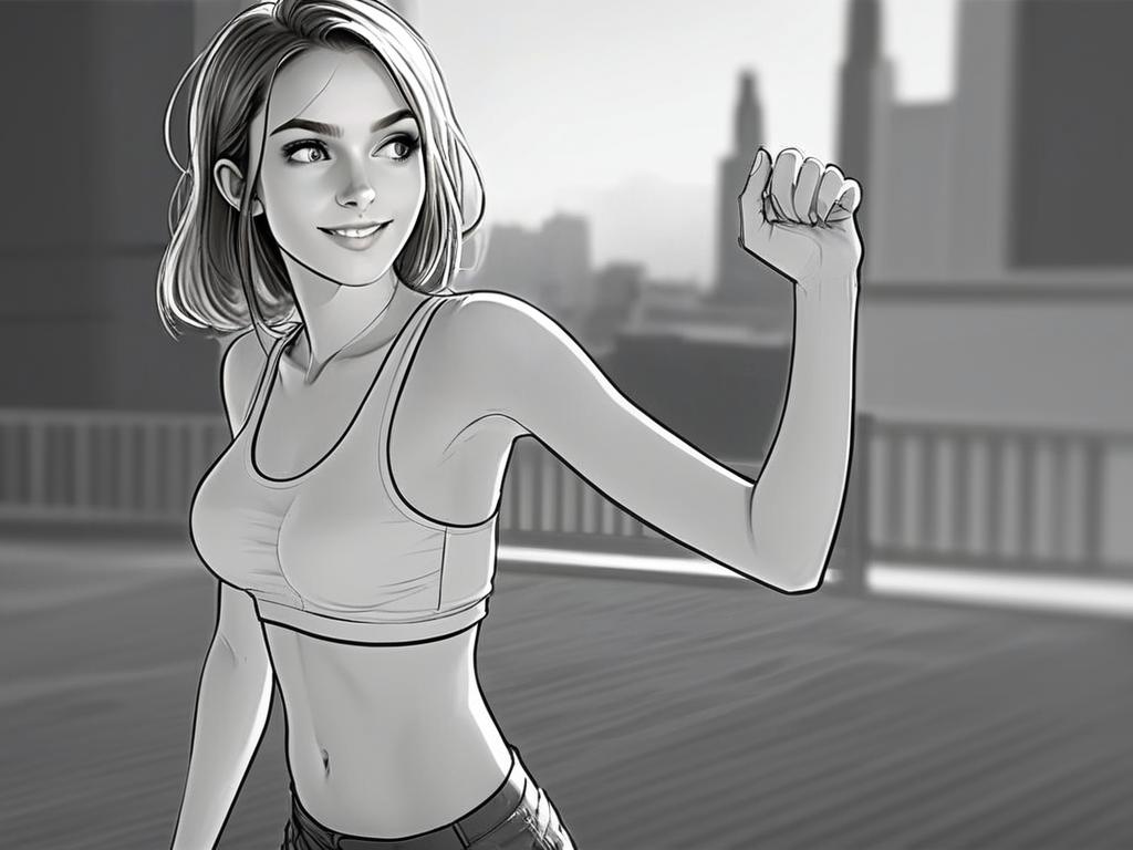 Monochrome Digital Illustration of Smiling Woman in Sporty Outfit with Urban Background