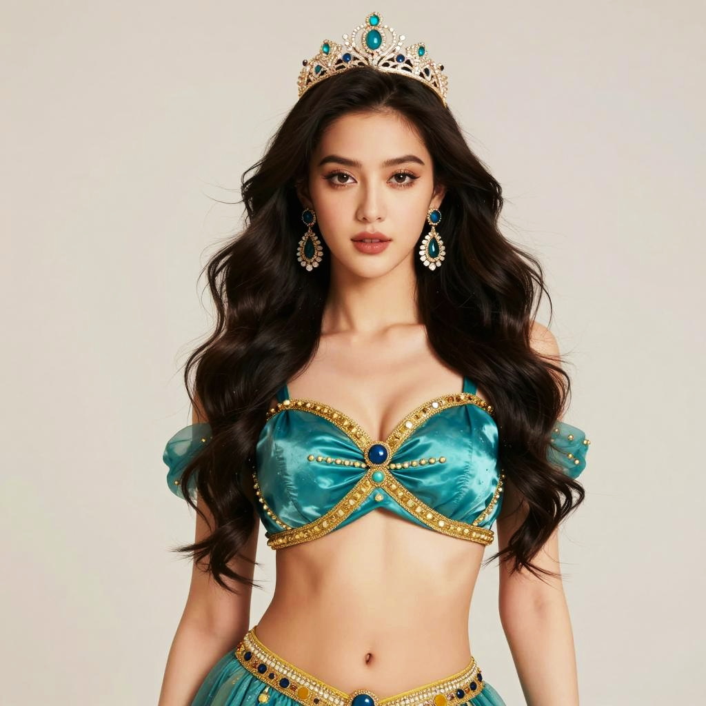 Elegant Woman in Teal Fantasy Princess Costume with Crown