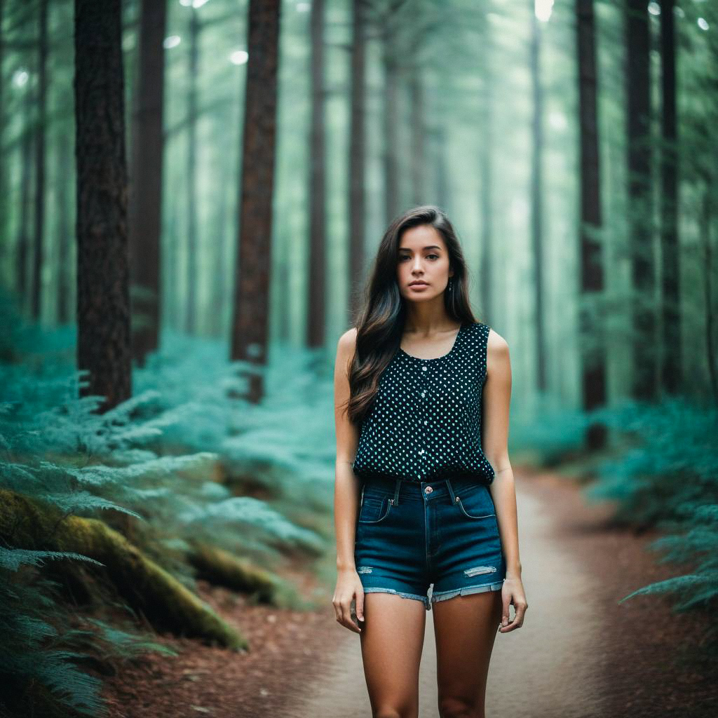 Young Woman in Forest Path with Polka Dot Top
