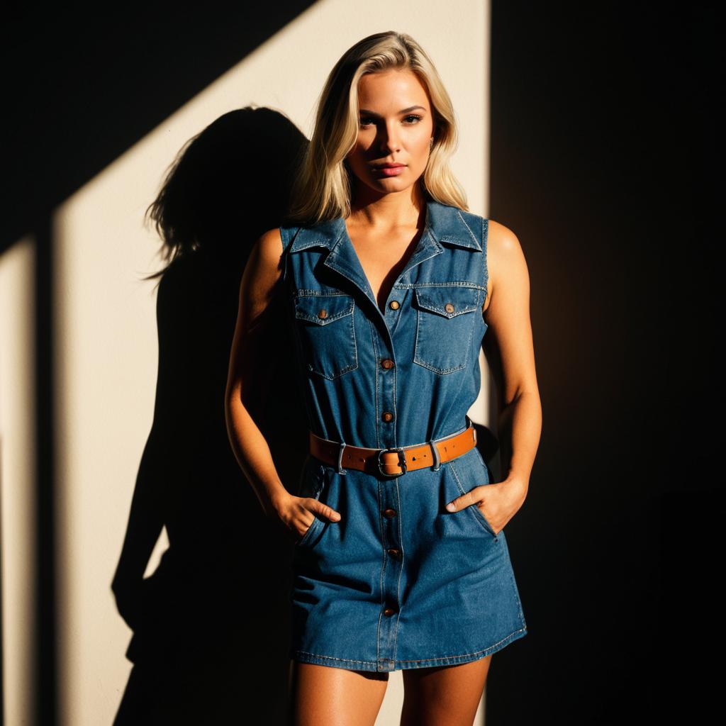 Confident Woman in Denim Dress with Dramatic Light and Shadow
