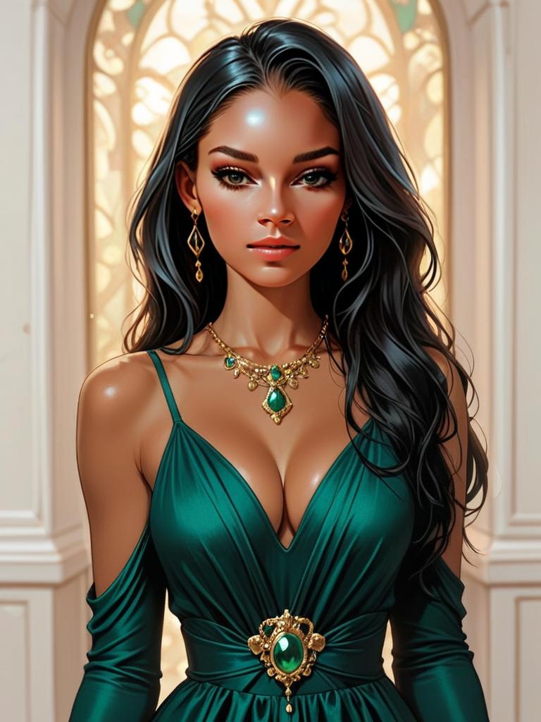 Elegant Woman in Emerald Gown with Jewelry Elegant Woman in Emerald Gown with Jewelry