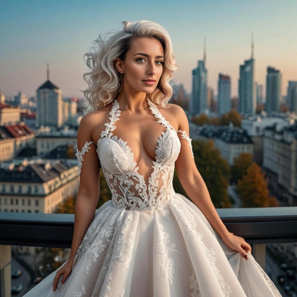 Elegant Bride in Lace Gown Overlooking City Skyline