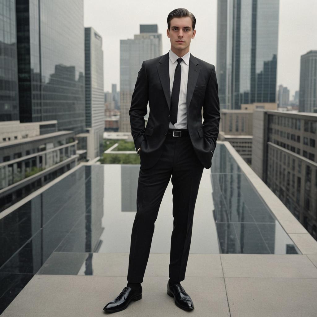 Confident Man in Black Suit Against Urban Skyline