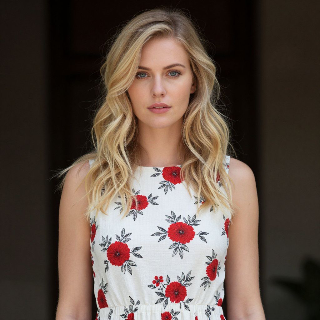 Blonde Woman in White Dress with Red Floral Print Looking Confident